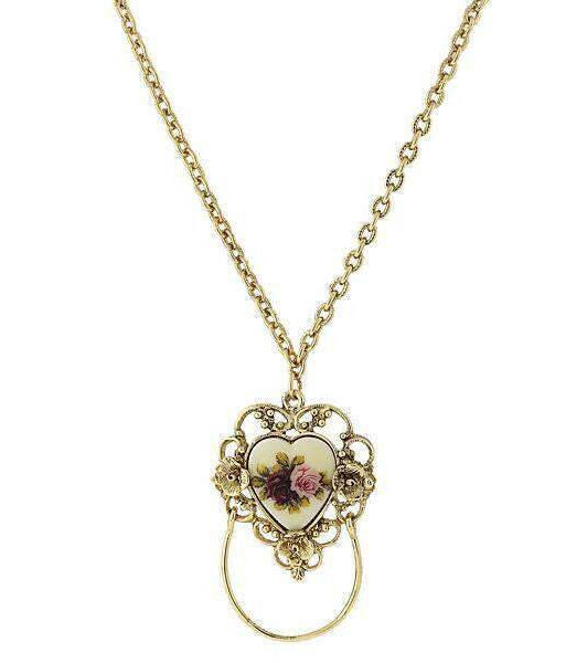 1928 Jewelry Manor House Ivory Floral Heart Decal, Badge And Eyeglass Holder Chain Necklace 30"