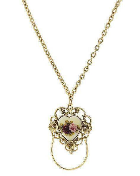 1928 Jewelry Manor House Ivory Floral Heart Decal, Badge And Eyeglass Holder Chain Necklace 30"