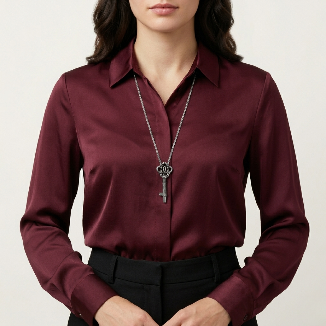 Person wearing a burgundy shirt with a silver key whistle necklace on a neutral background