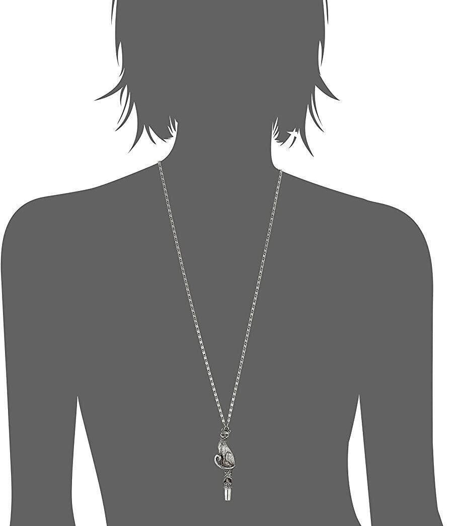 1928 Jewelry Antiqued Pewter Cat Whistle Pendant Necklace 30"