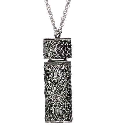 1928 Jewelry Antiqued Filigree 3.69 ML Glass Vial Pendant Necklace 30"