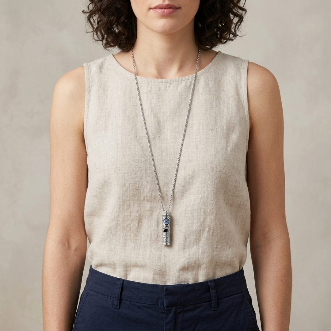 Woman wearing a beige sleeveless top and dark pants with a long whistle necklace that has blue glass crystals against a neutral background
