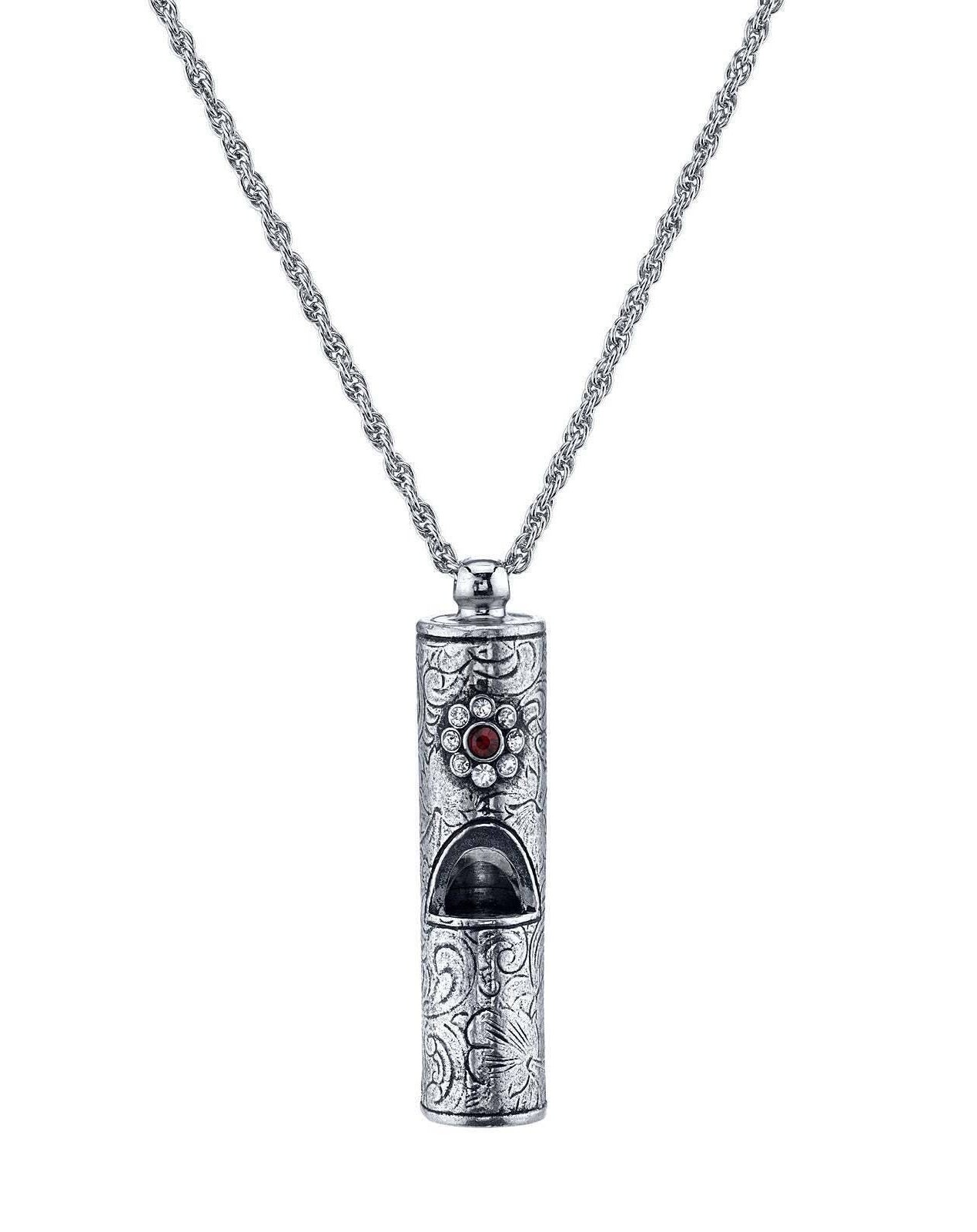 1928 Jewelry Antiqued Pewter Whistle With Flower Necklace 28"