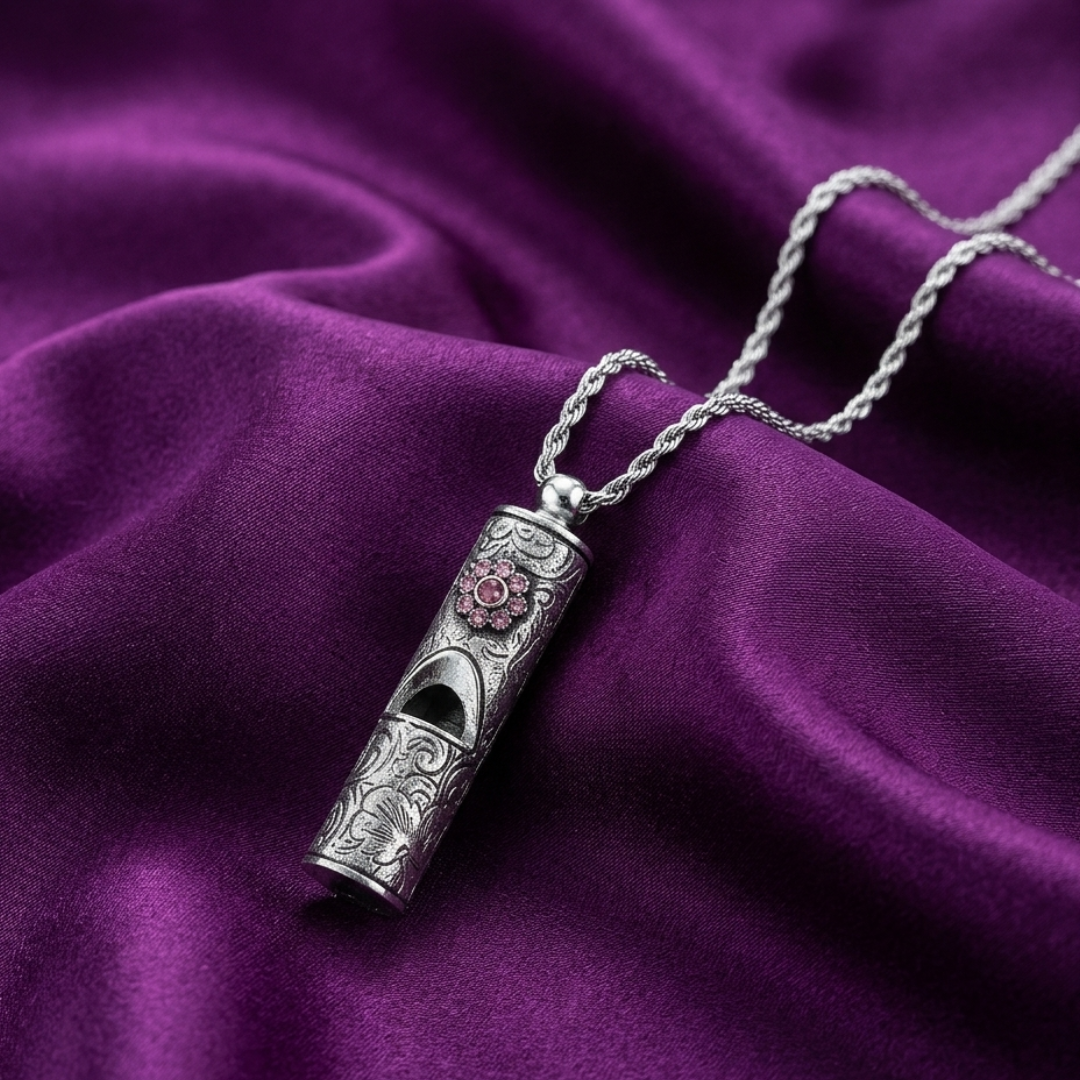 Silver whistle pendant with light purple crystals on a purple fabric background