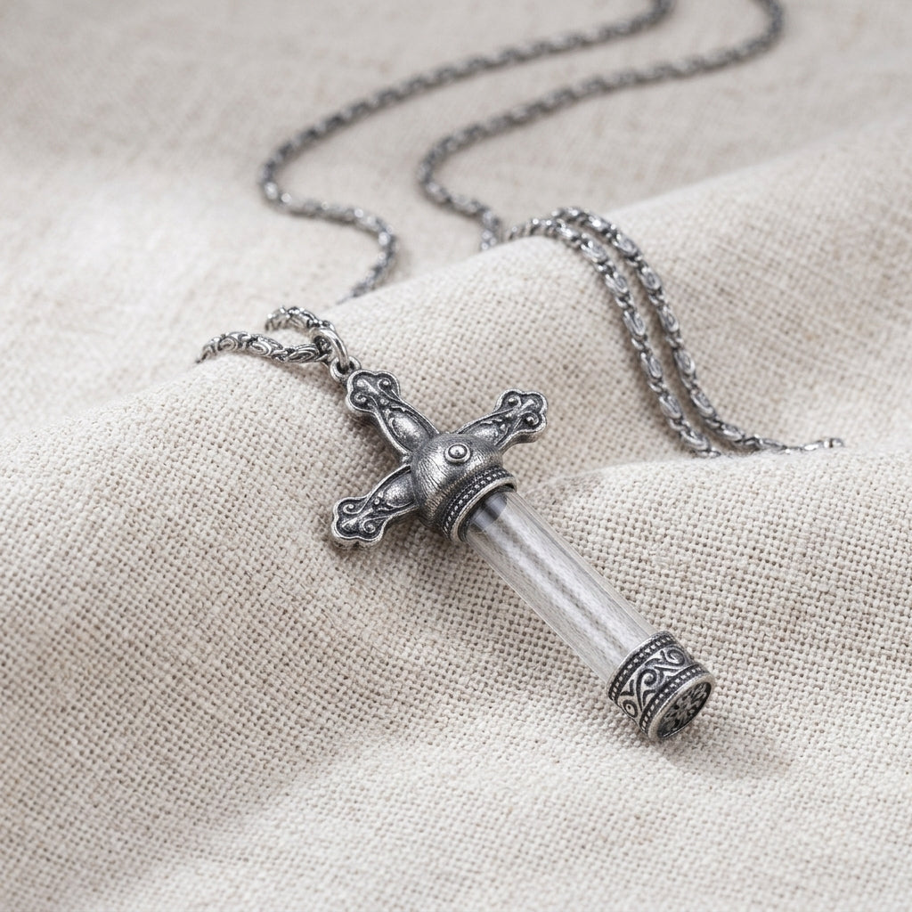 Cross glass vial pendant necklace resting on light colored linen