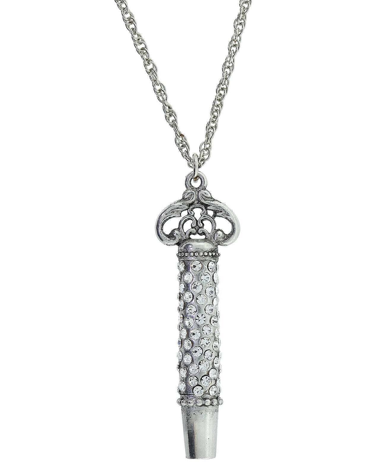 1928 Jewelry Pewter Crystal Pave Decorated Whistle Necklace 30"