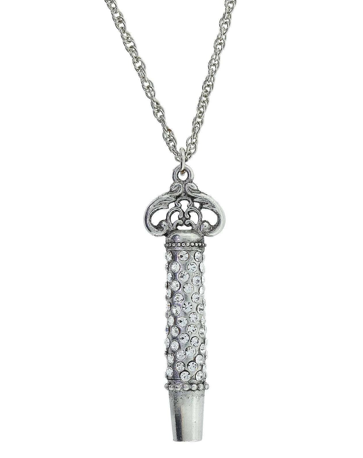 1928 Jewelry Pewter Crystal Pave Decorated Whistle Necklace 30"