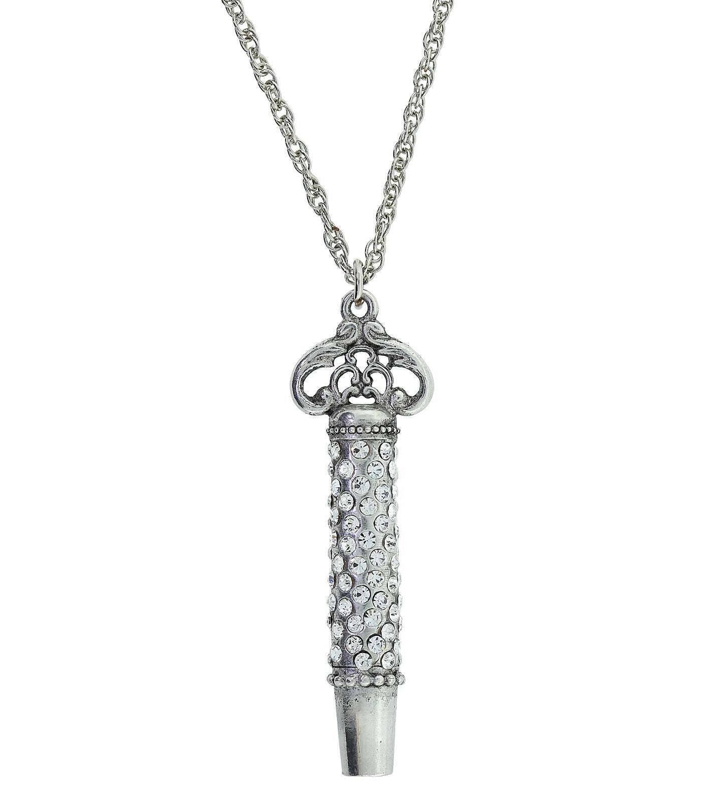 1928 Jewelry Pewter Crystal Pave Decorated Whistle Necklace 30"