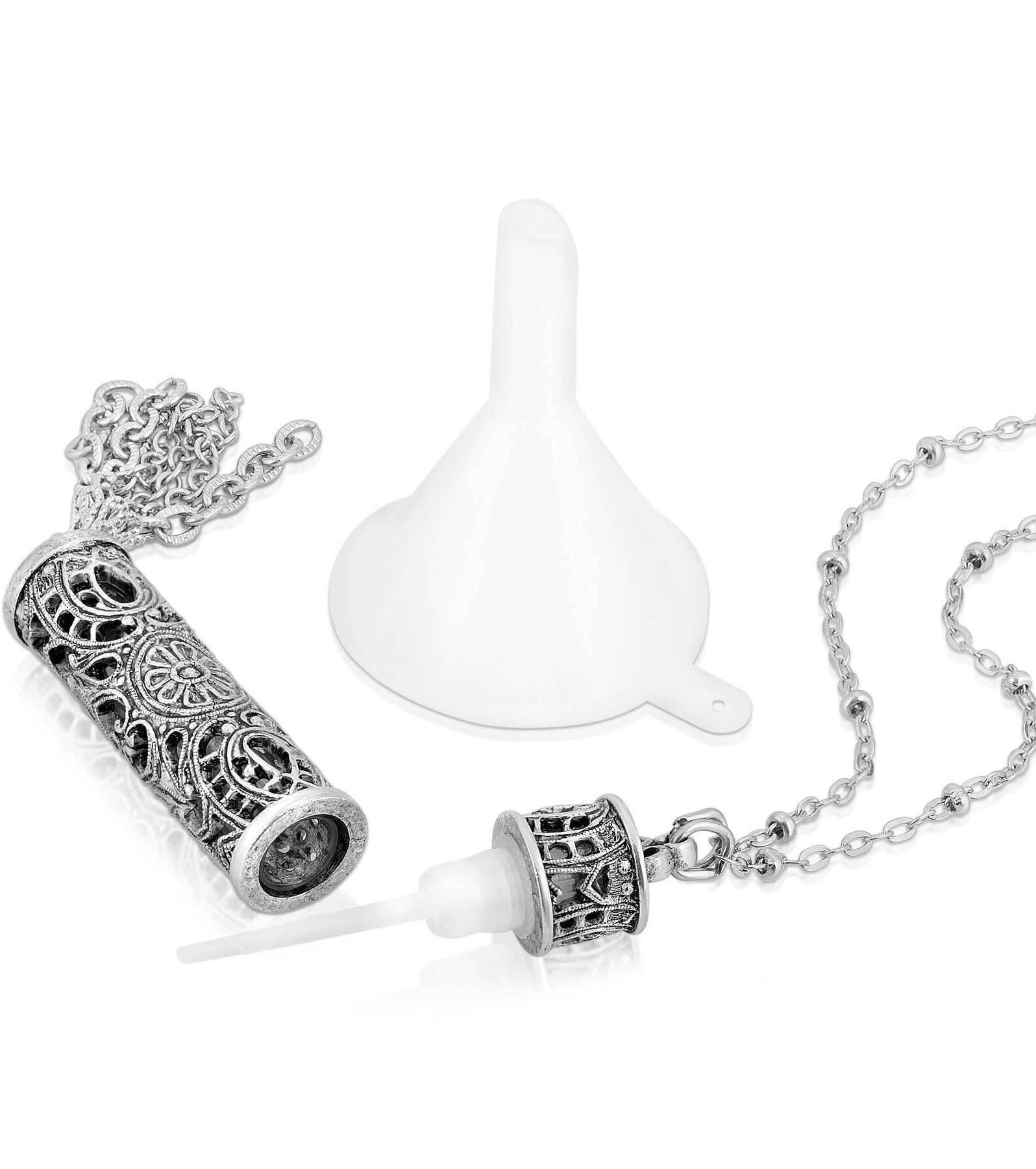 1928 Jewelry Antiqued Filigrana Glass Vial Tassel Necklace 28"