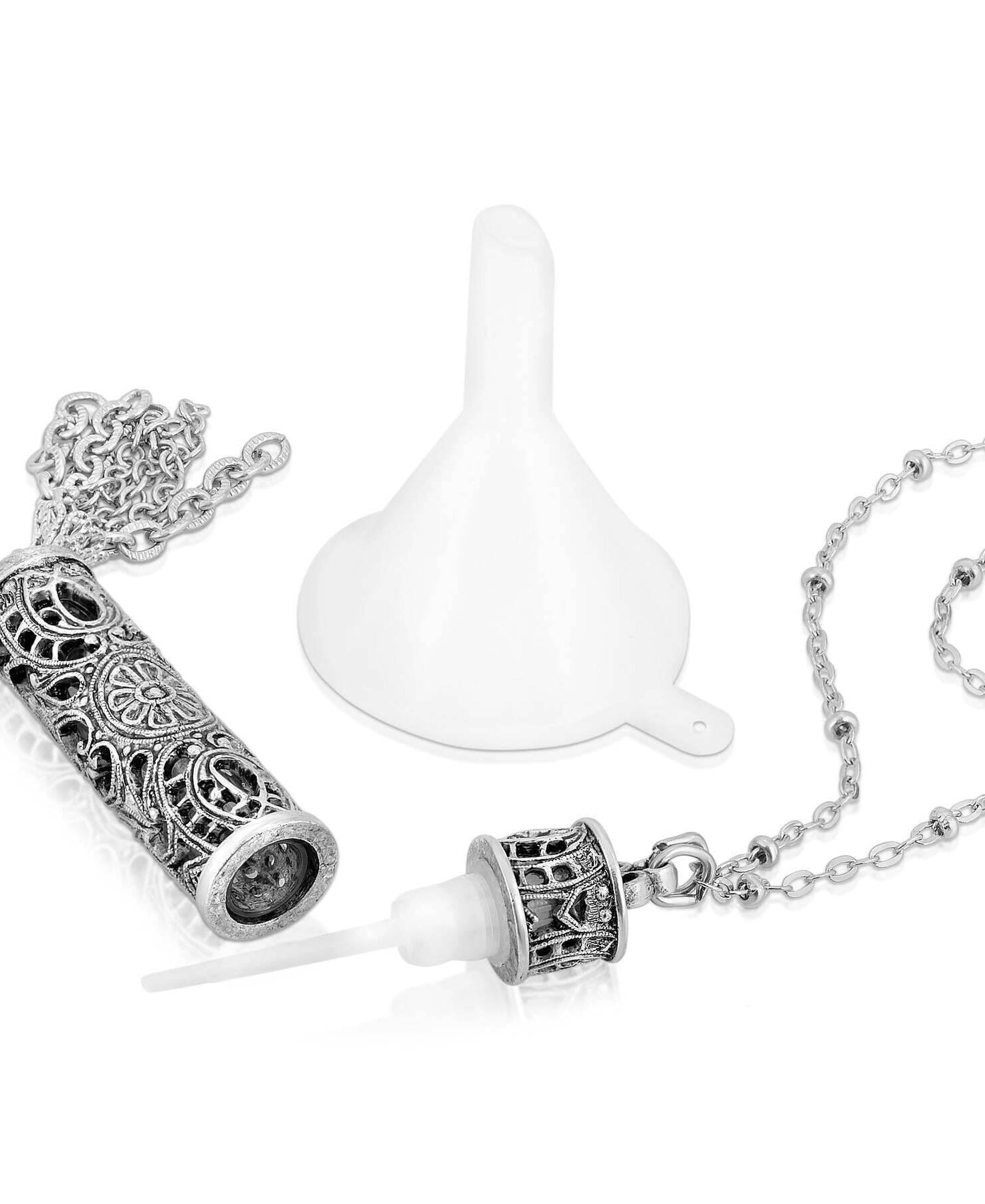 1928 Jewelry Antiqued Filigrana Glass Vial Tassel Necklace 28"