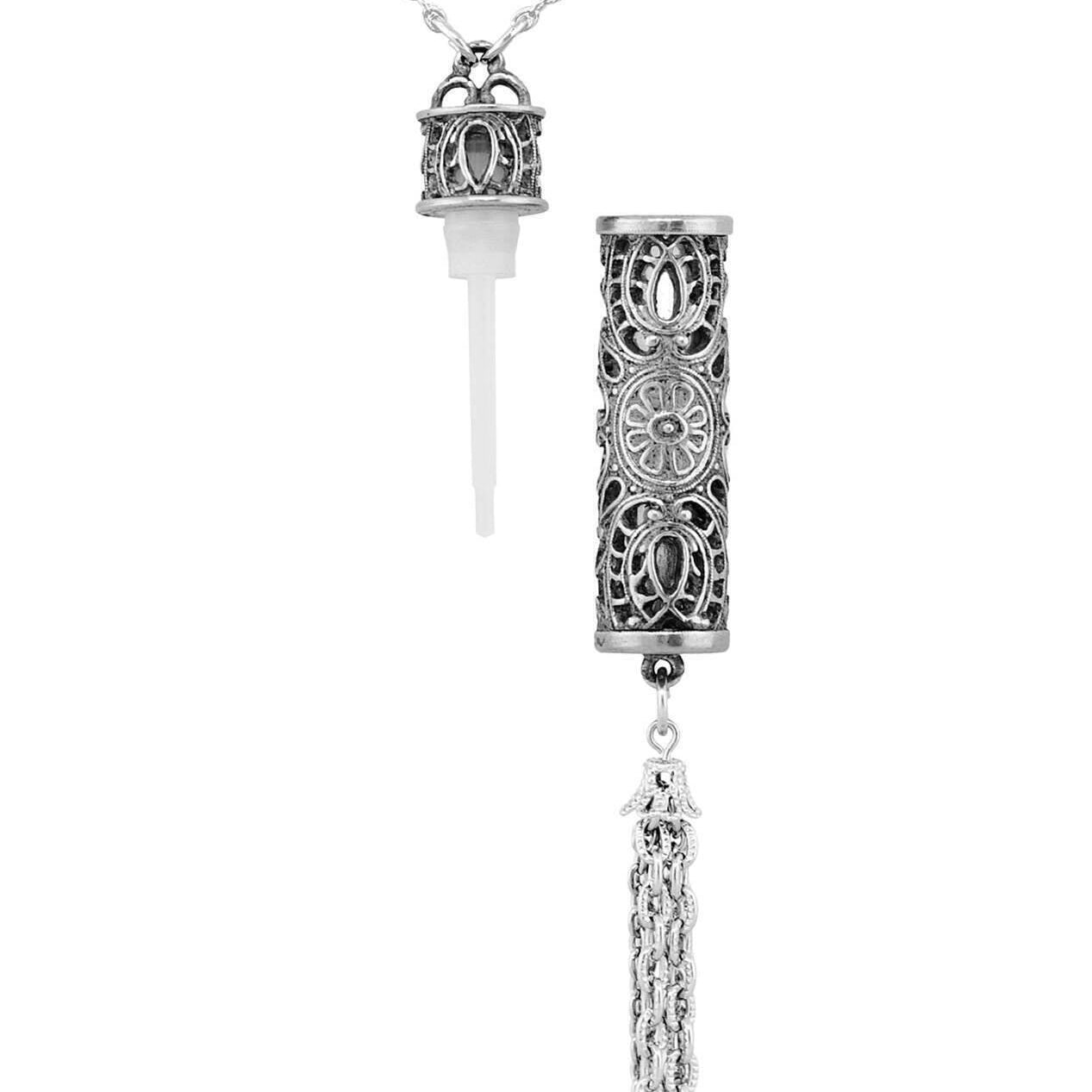 1928 Jewelry Antiqued Filigrana Glass Vial Tassel Necklace 28"