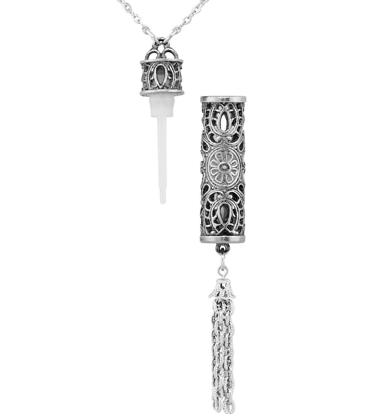 1928 Jewelry Antiqued Filigrana Glass Vial Tassel Necklace 28"