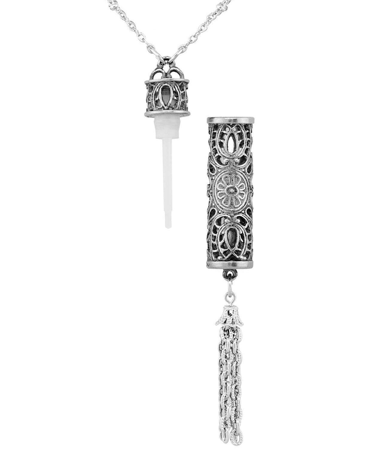 1928 Jewelry Antiqued Filigrana Glass Vial Tassel Necklace 28"