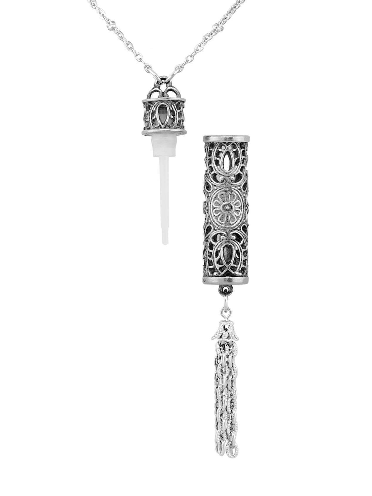 1928 Jewelry Antiqued Filigrana Glass Vial Tassel Necklace 28"