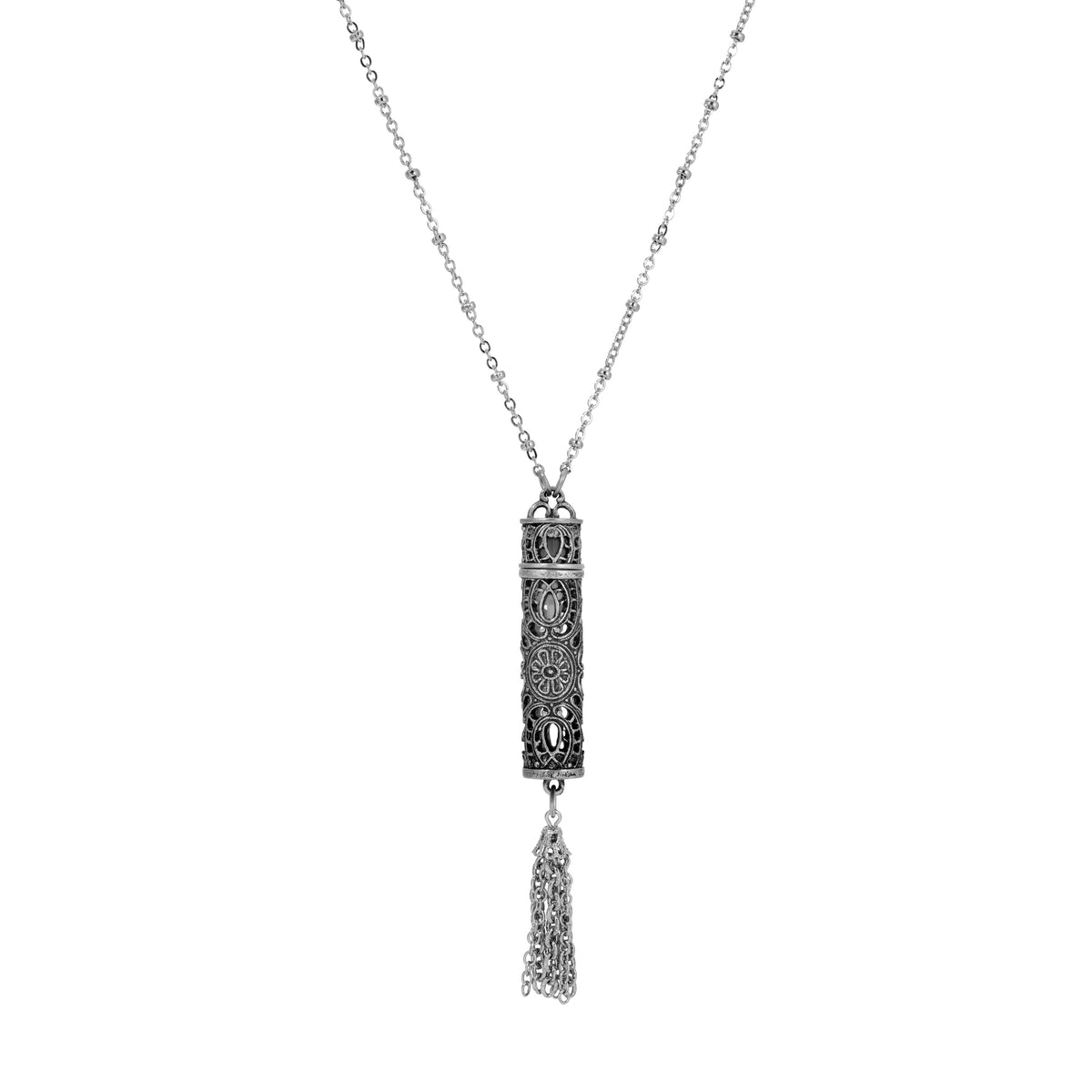 Antiqued Filigrana Glass Vial Tassel Necklace 28"