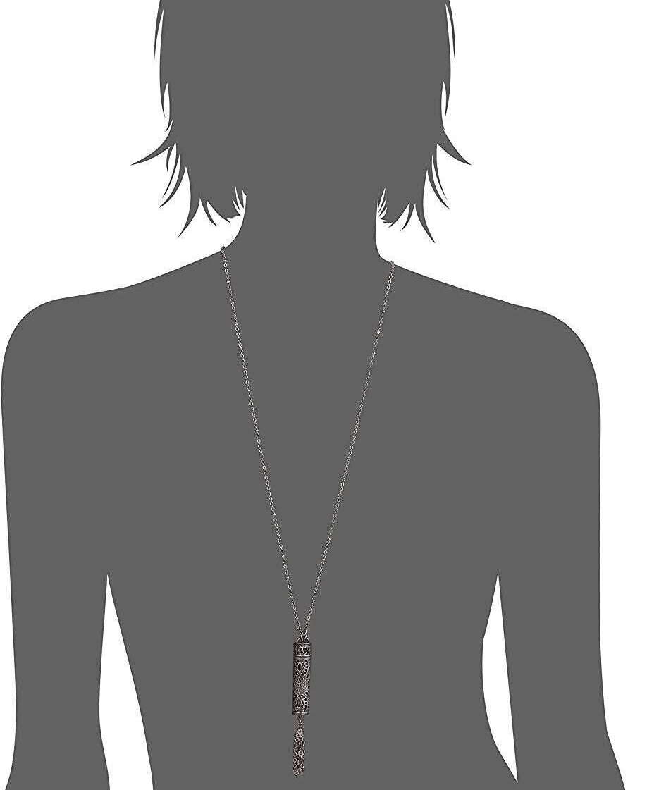 1928 Jewelry Antiqued Filigrana Glass Vial Tassel Necklace 28"