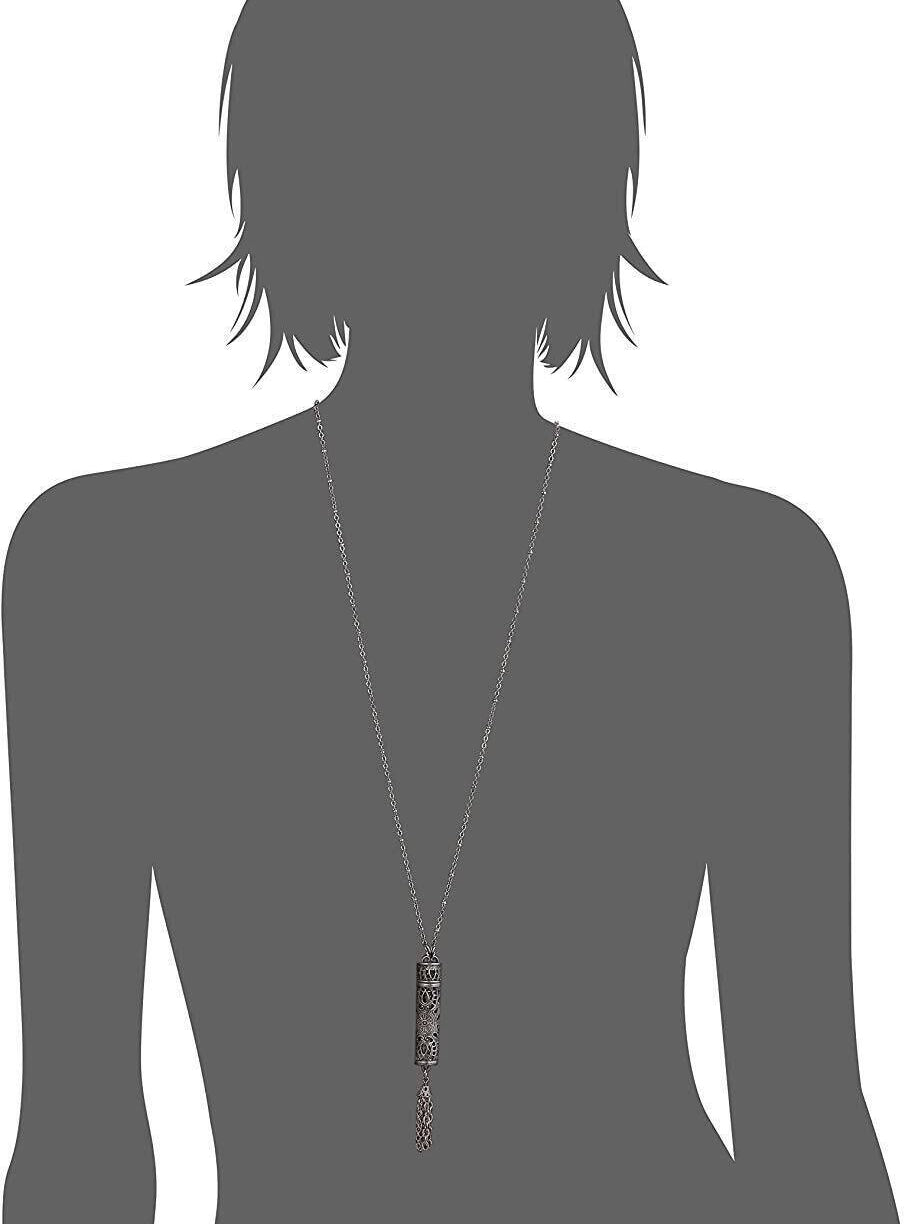 1928 Jewelry Antiqued Filigrana Glass Vial Tassel Necklace 28"