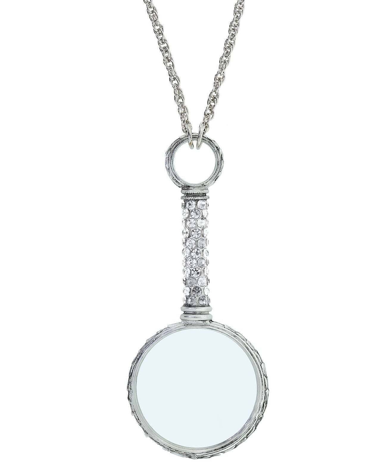 1928 Jewelry Pewter Crystal Magnifying Glass Necklace 30"- Magnification Power: 2-3X