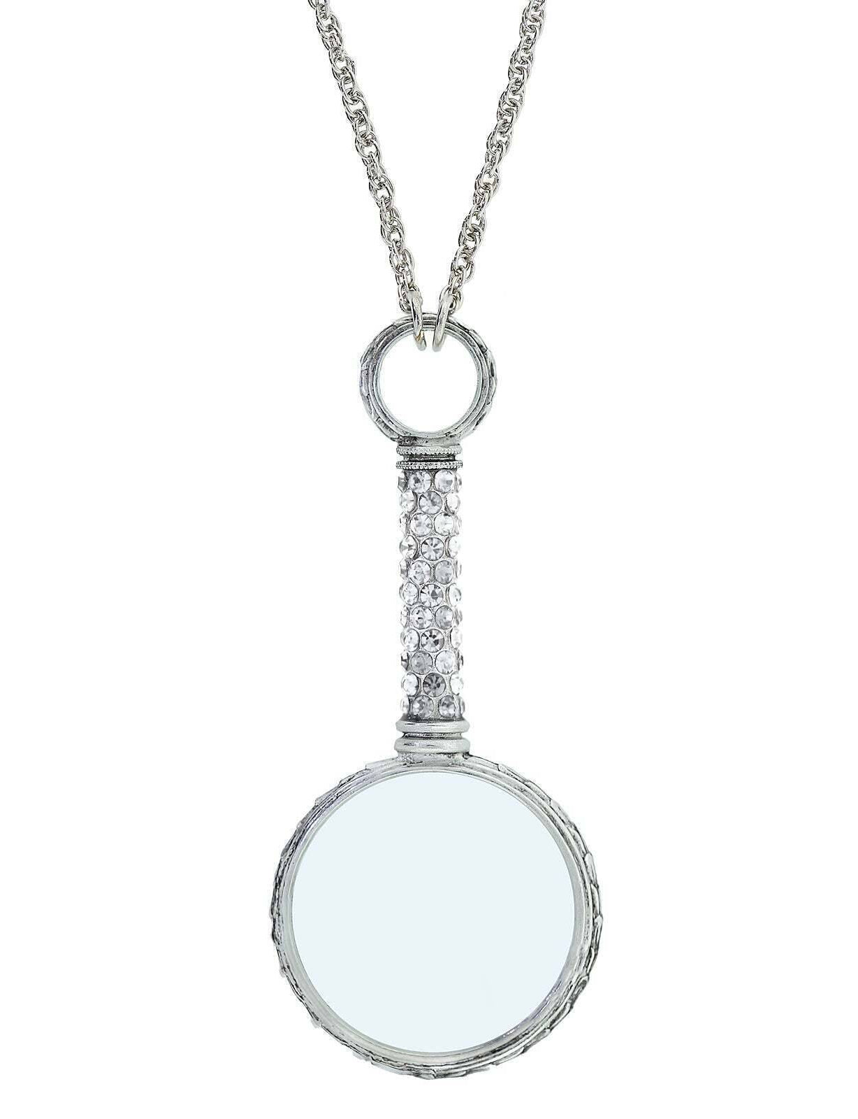 1928 Jewelry Pewter Crystal Magnifying Glass Necklace 30"- Magnification Power: 2-3X