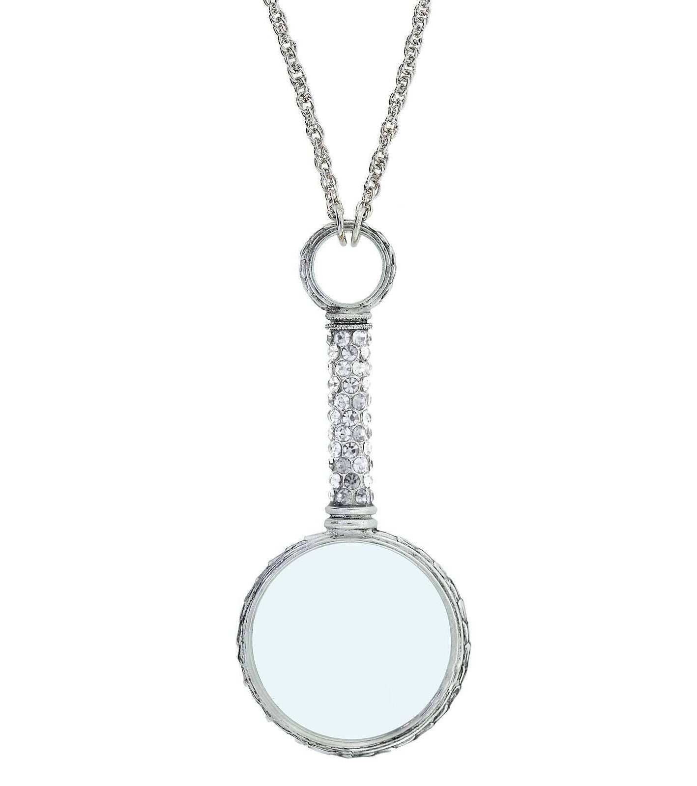 1928 Jewelry Pewter Crystal Magnifying Glass Necklace 30"- Magnification Power: 2-3X