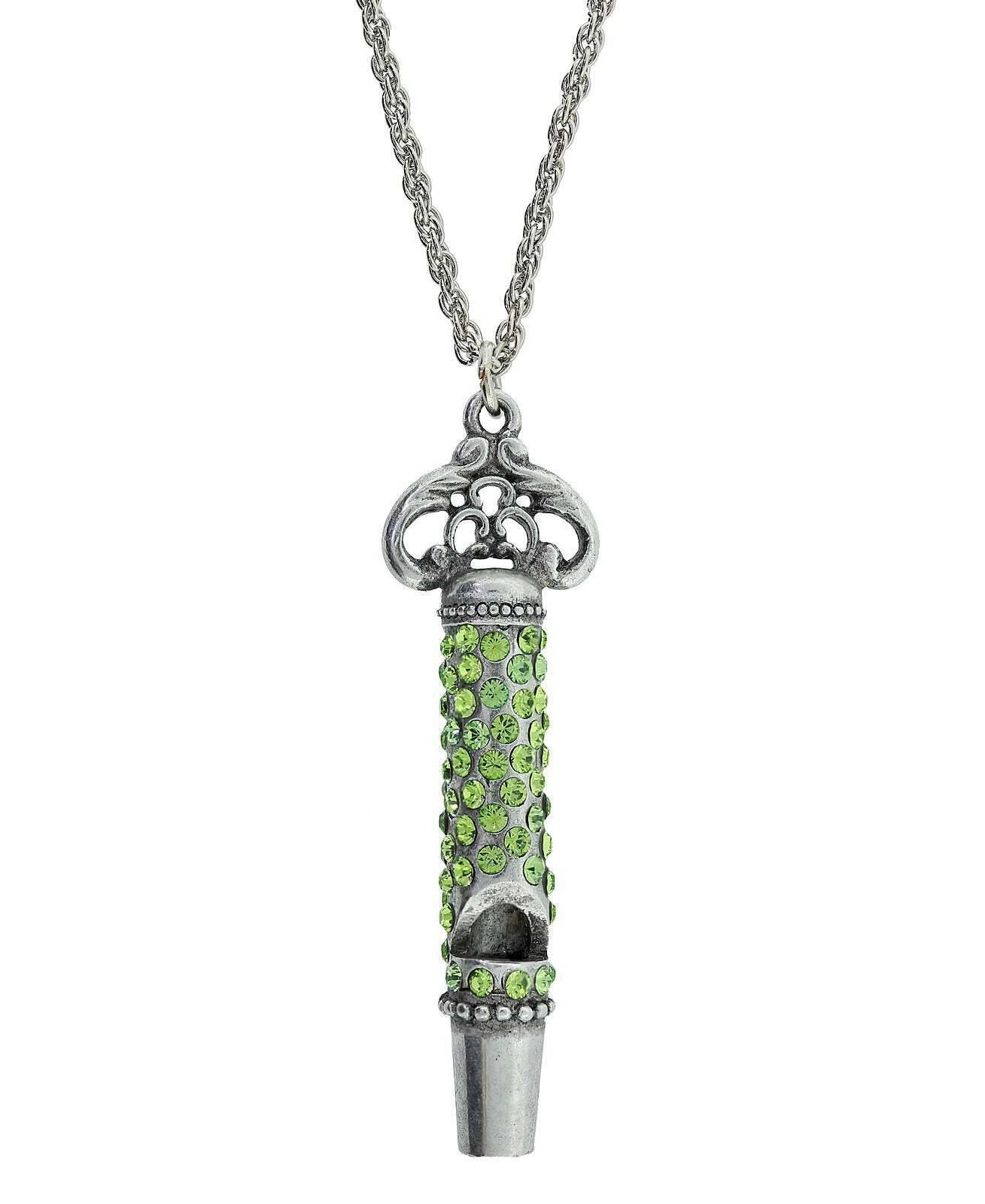 1928 Jewelry Pewter Crystal Pave Decorated Whistle Necklace 30"