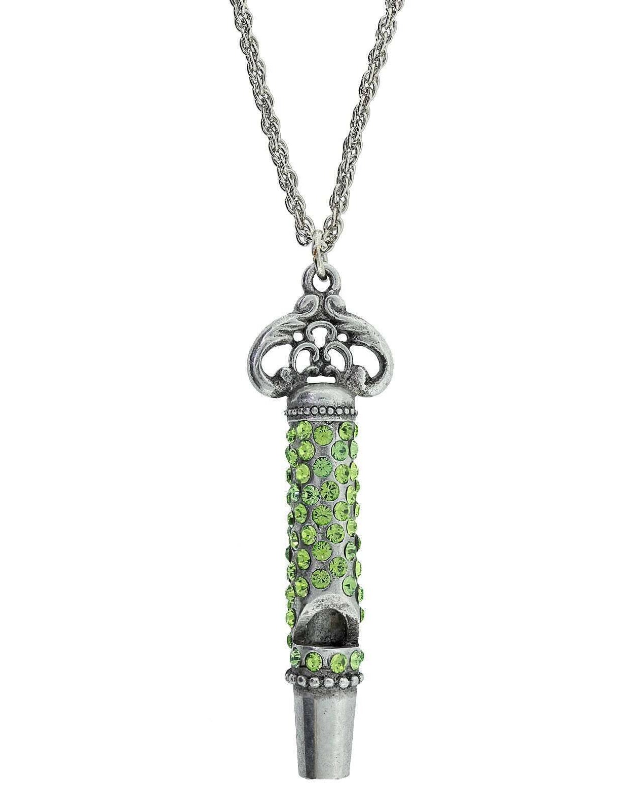 1928 Jewelry Pewter Crystal Pave Decorated Whistle Necklace 30"