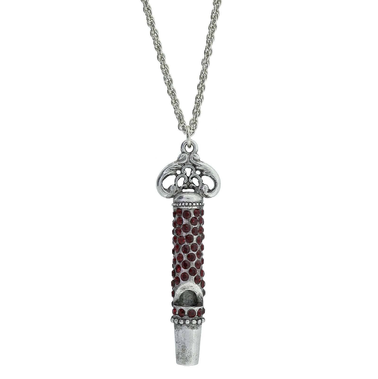 1928 Jewelry Pewter Crystal Pave Decorated Whistle Necklace 30"