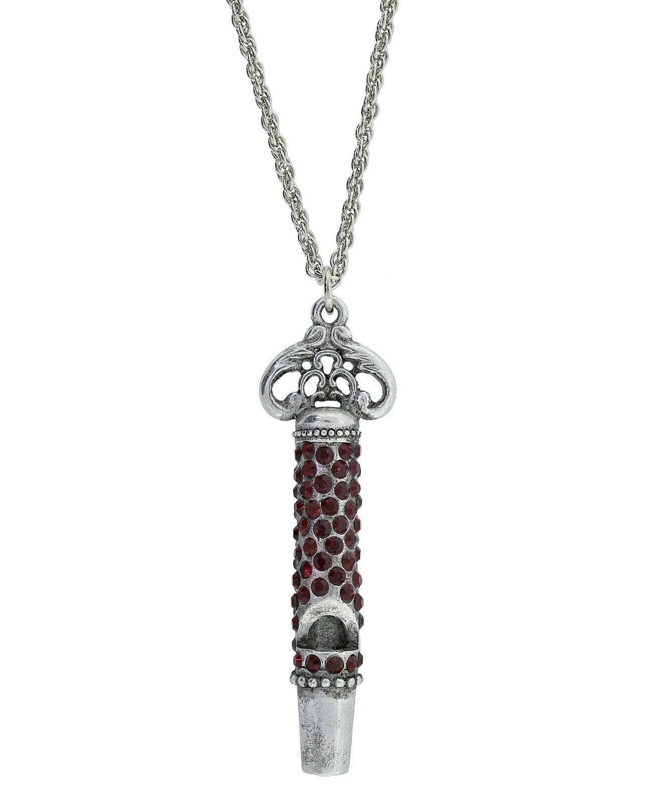 1928 Jewelry Pewter Crystal Pave Decorated Whistle Necklace 30"