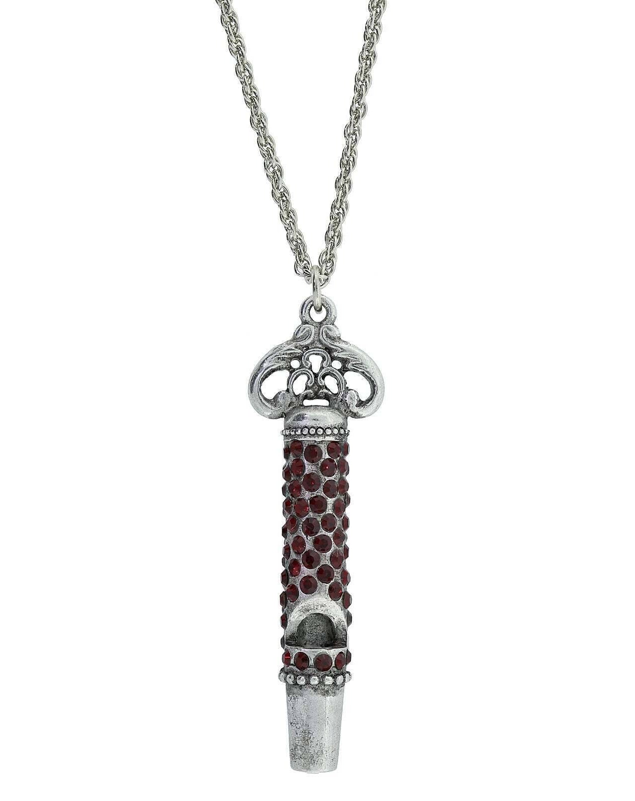 1928 Jewelry Pewter Crystal Pave Decorated Whistle Necklace 30"