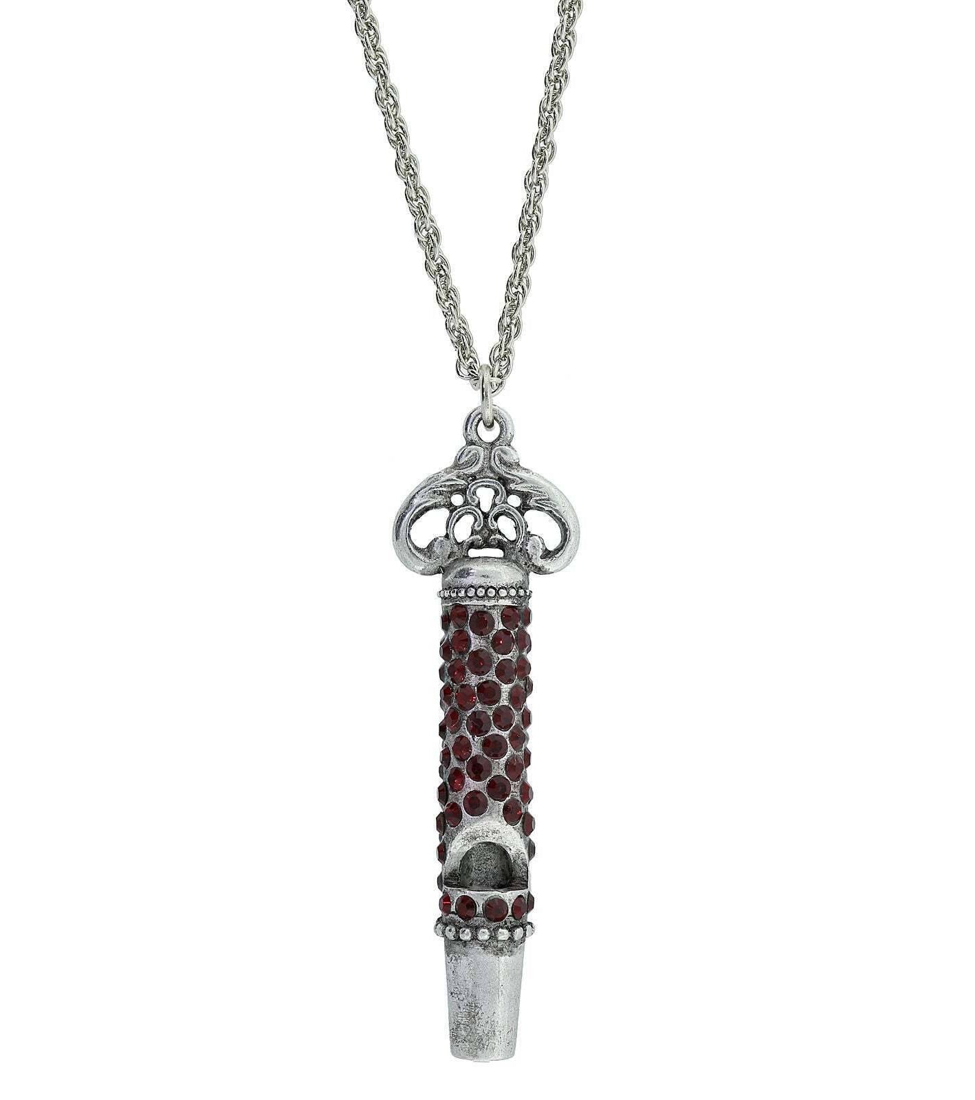 1928 Jewelry Pewter Crystal Pave Decorated Whistle Necklace 30"