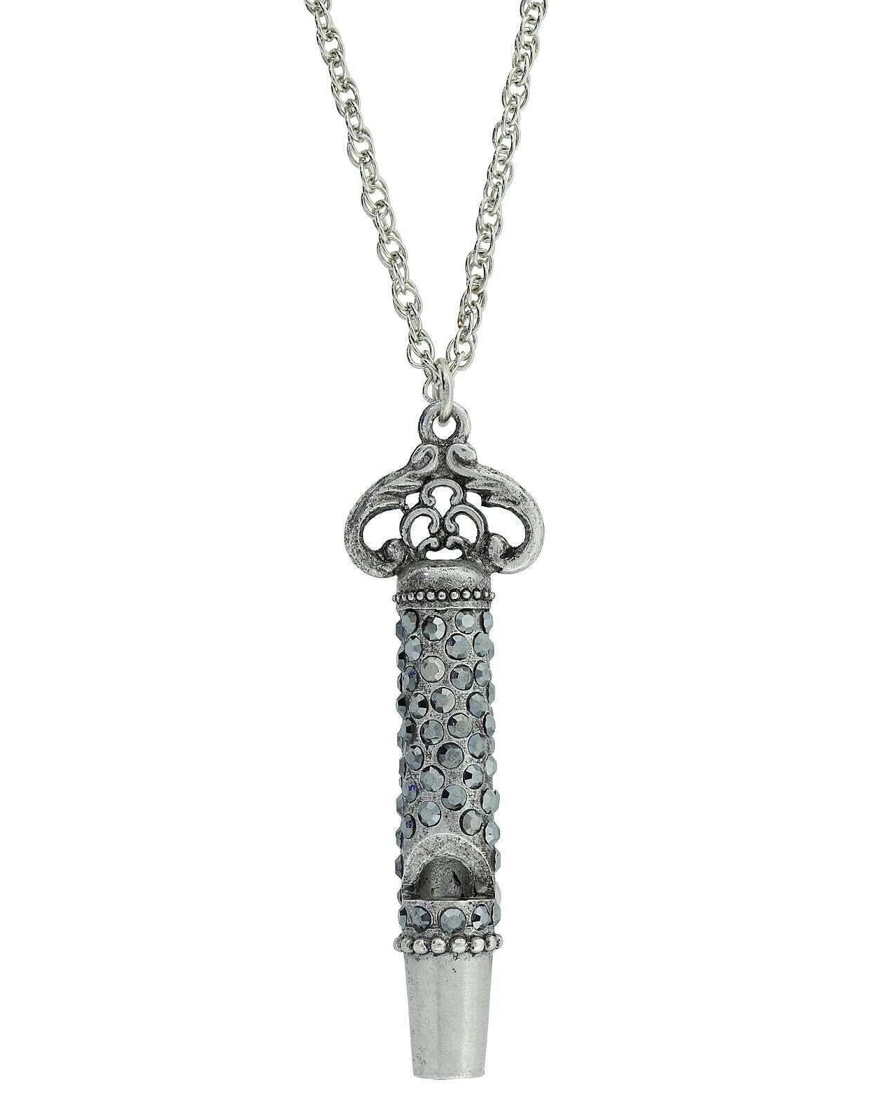 1928 Jewelry Pewter Crystal Pave Decorated Whistle Necklace 30"