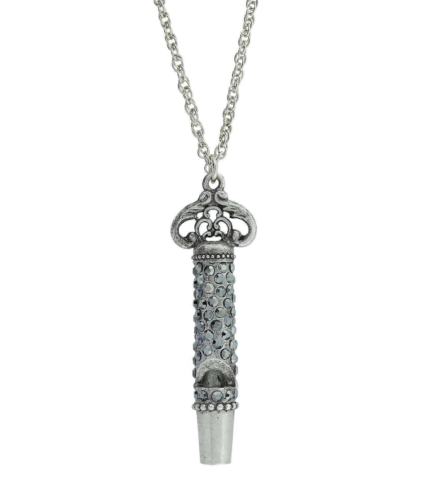 1928 Jewelry Pewter Crystal Pave Decorated Whistle Necklace 30"