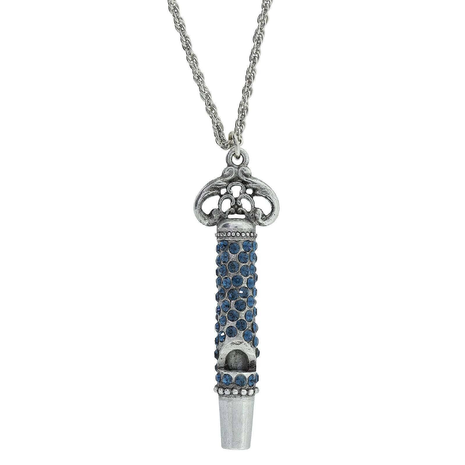 1928 Jewelry Pewter Crystal Pave Decorated Whistle Necklace 30"