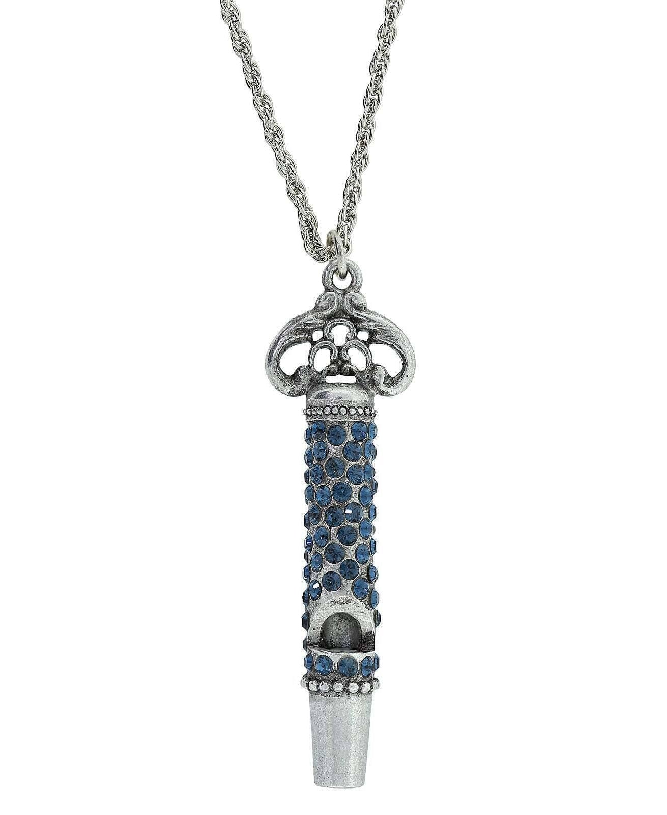 1928 Jewelry Pewter Crystal Pave Decorated Whistle Necklace 30"
