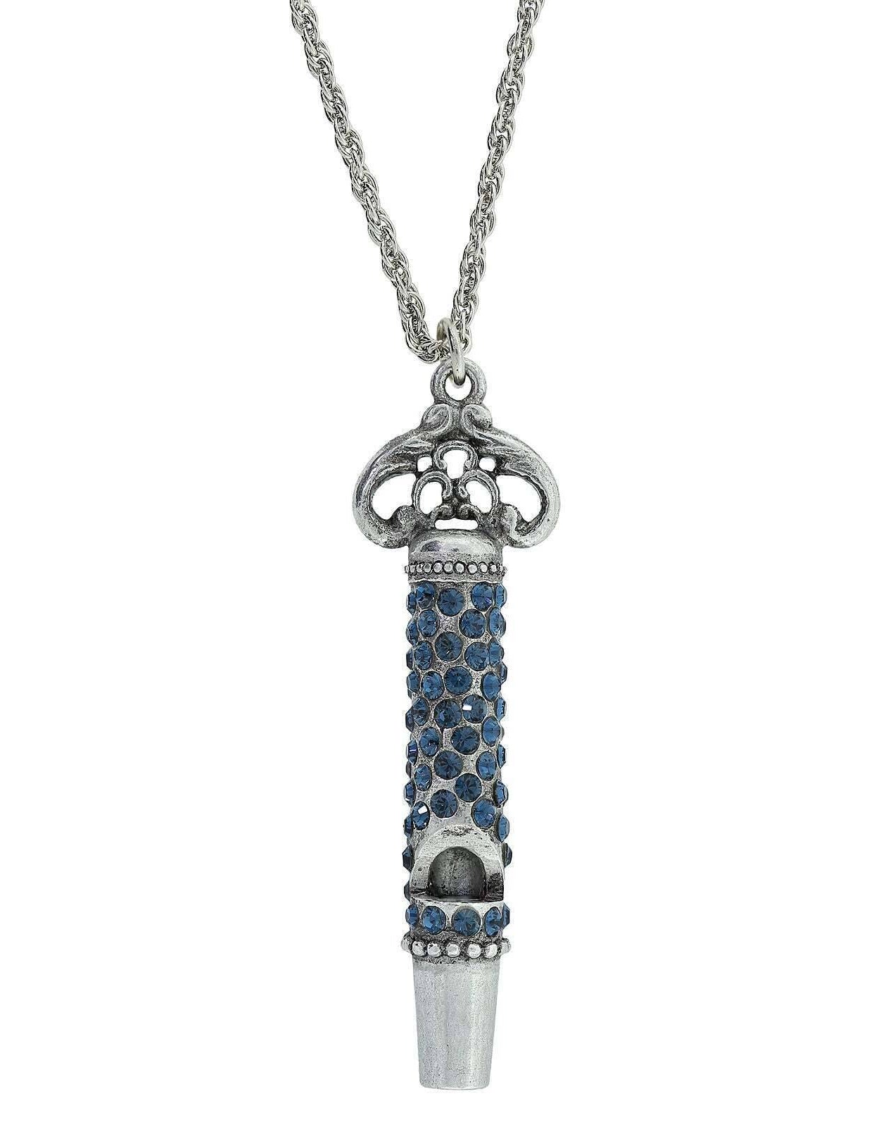 1928 Jewelry Pewter Crystal Pave Decorated Whistle Necklace 30"
