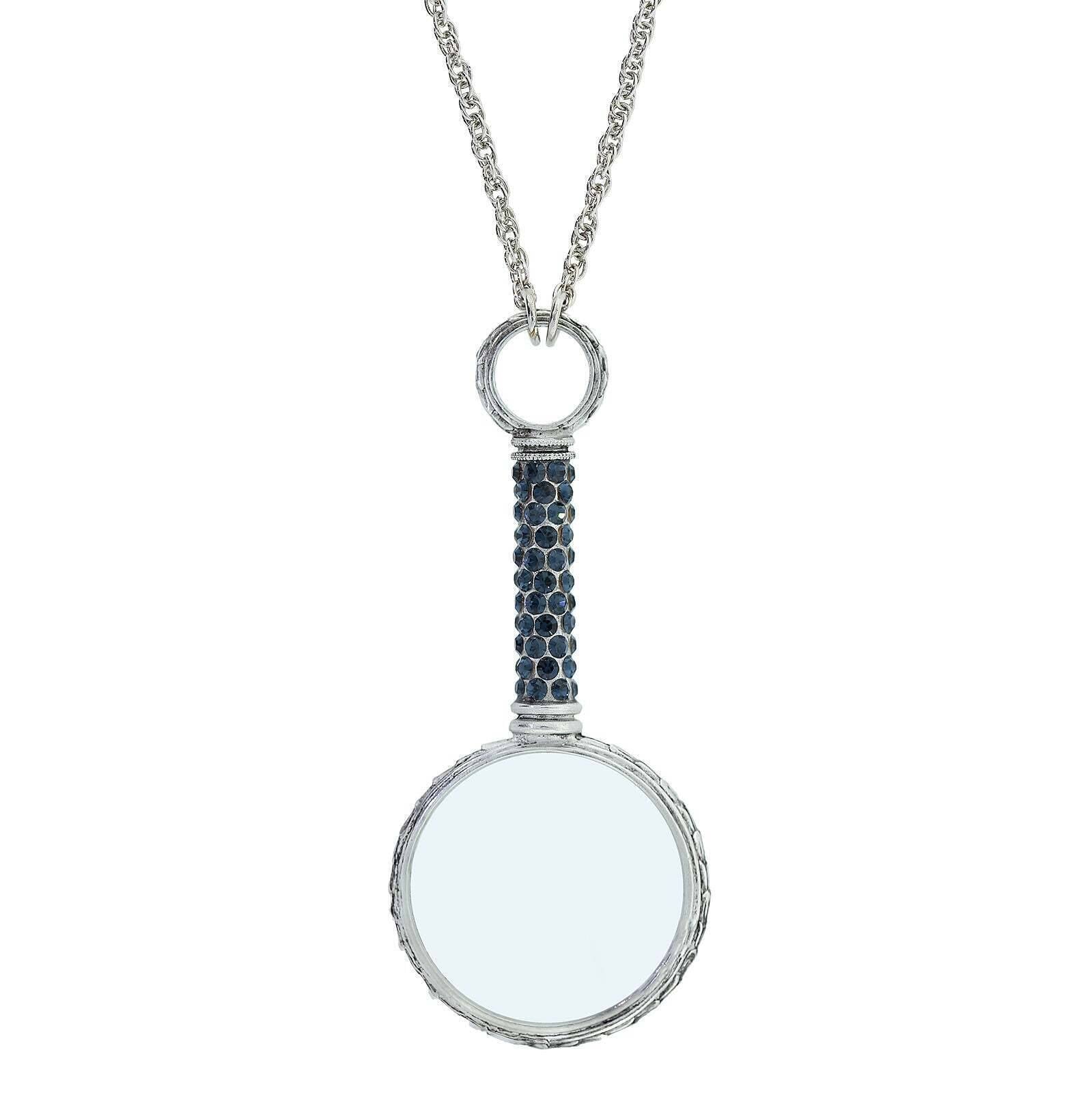 1928 Jewelry Pewter Crystal Magnifying Glass Necklace 30"- Magnification Power: 2-3X
