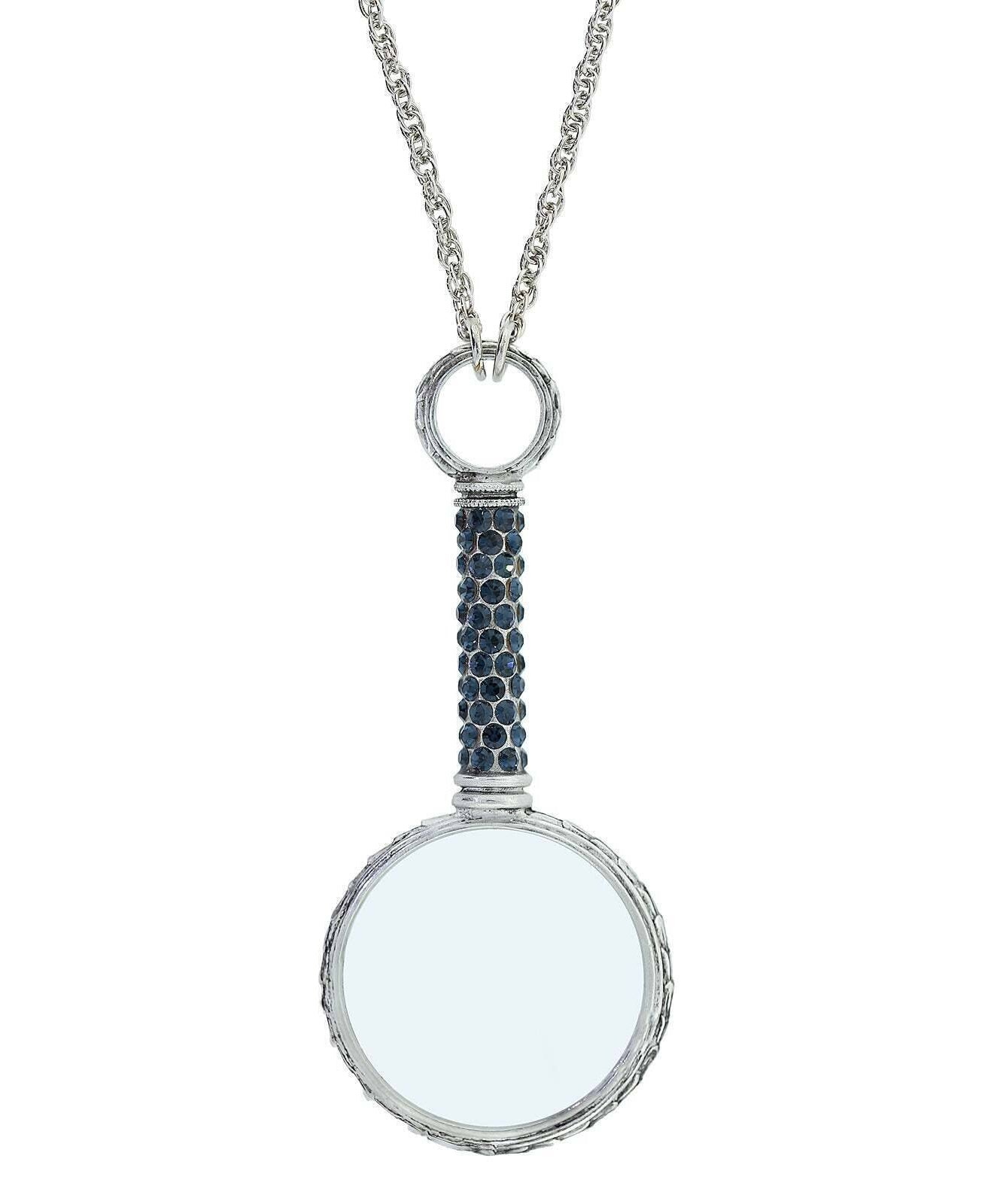1928 Jewelry Pewter Crystal Magnifying Glass Necklace 30"- Magnification Power: 2-3X