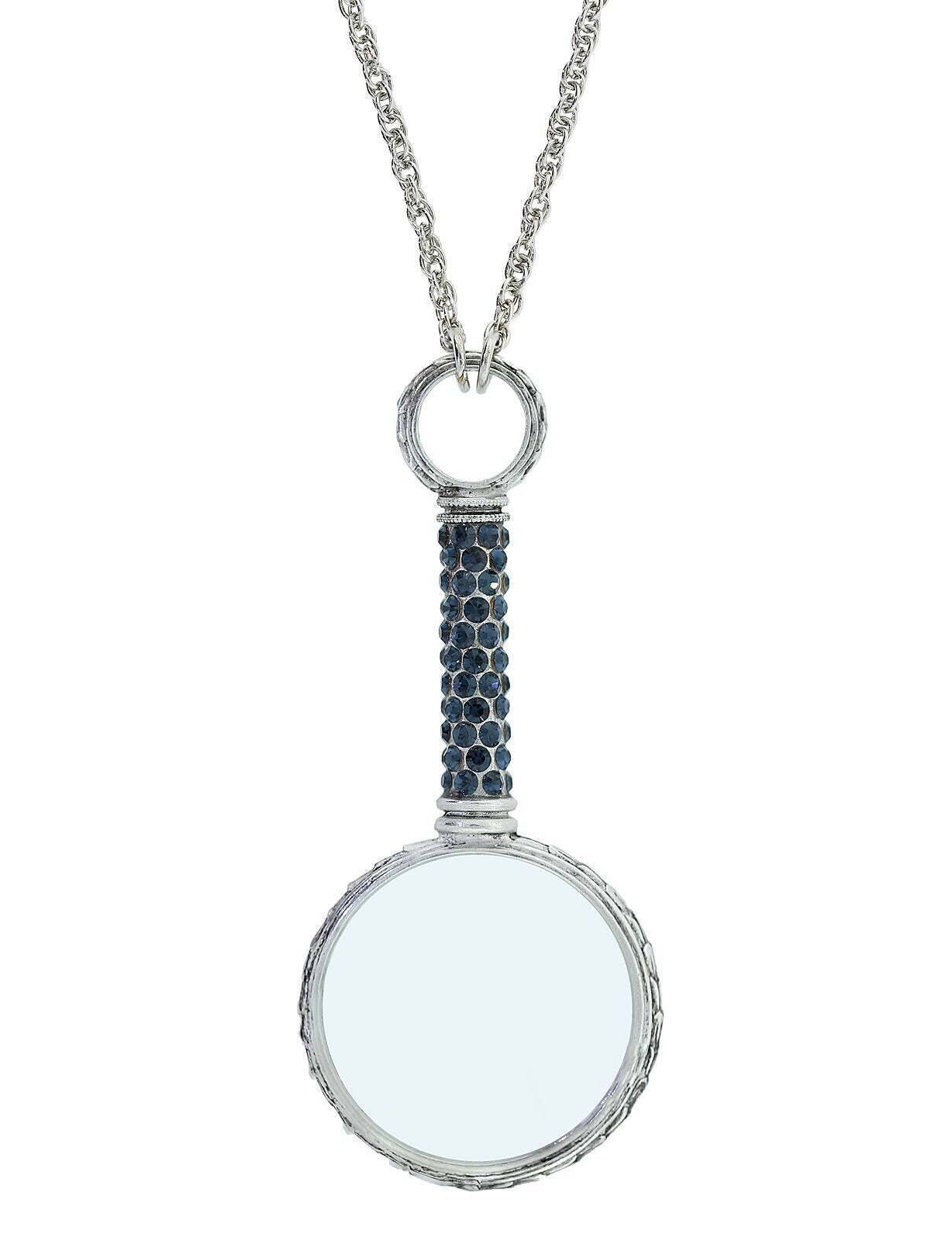 1928 Jewelry Pewter Crystal Magnifying Glass Necklace 30"- Magnification Power: 2-3X
