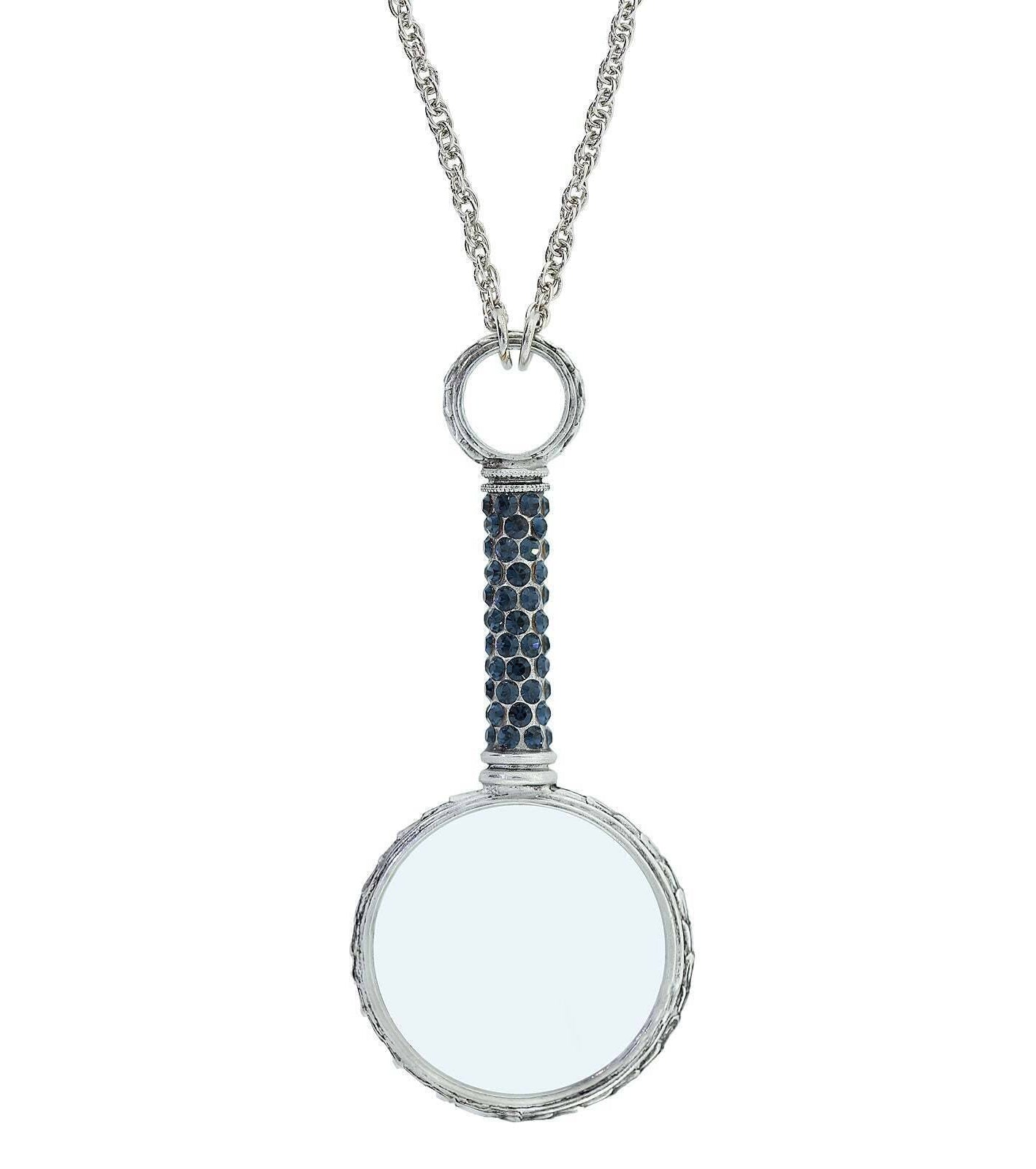 1928 Jewelry Pewter Crystal Magnifying Glass Necklace 30"- Magnification Power: 2-3X