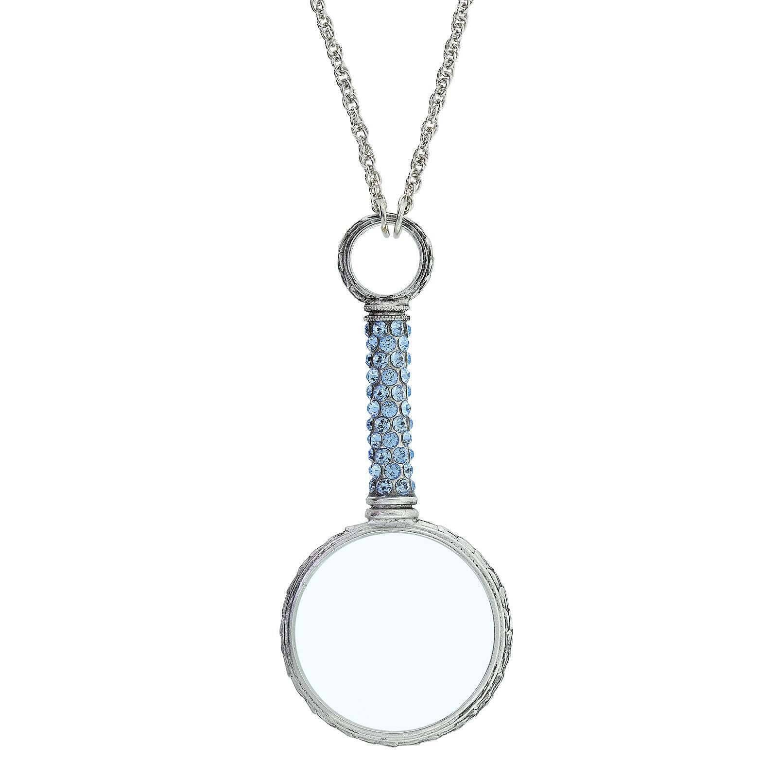 1928 Jewelry Pewter Crystal Magnifying Glass Necklace 30"- Magnification Power: 2-3X