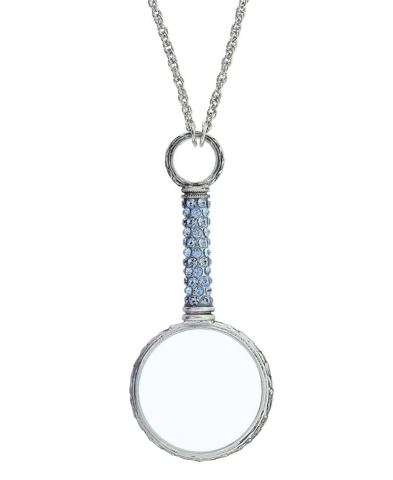 1928 Jewelry Pewter Crystal Magnifying Glass Necklace 30"- Magnification Power: 2-3X