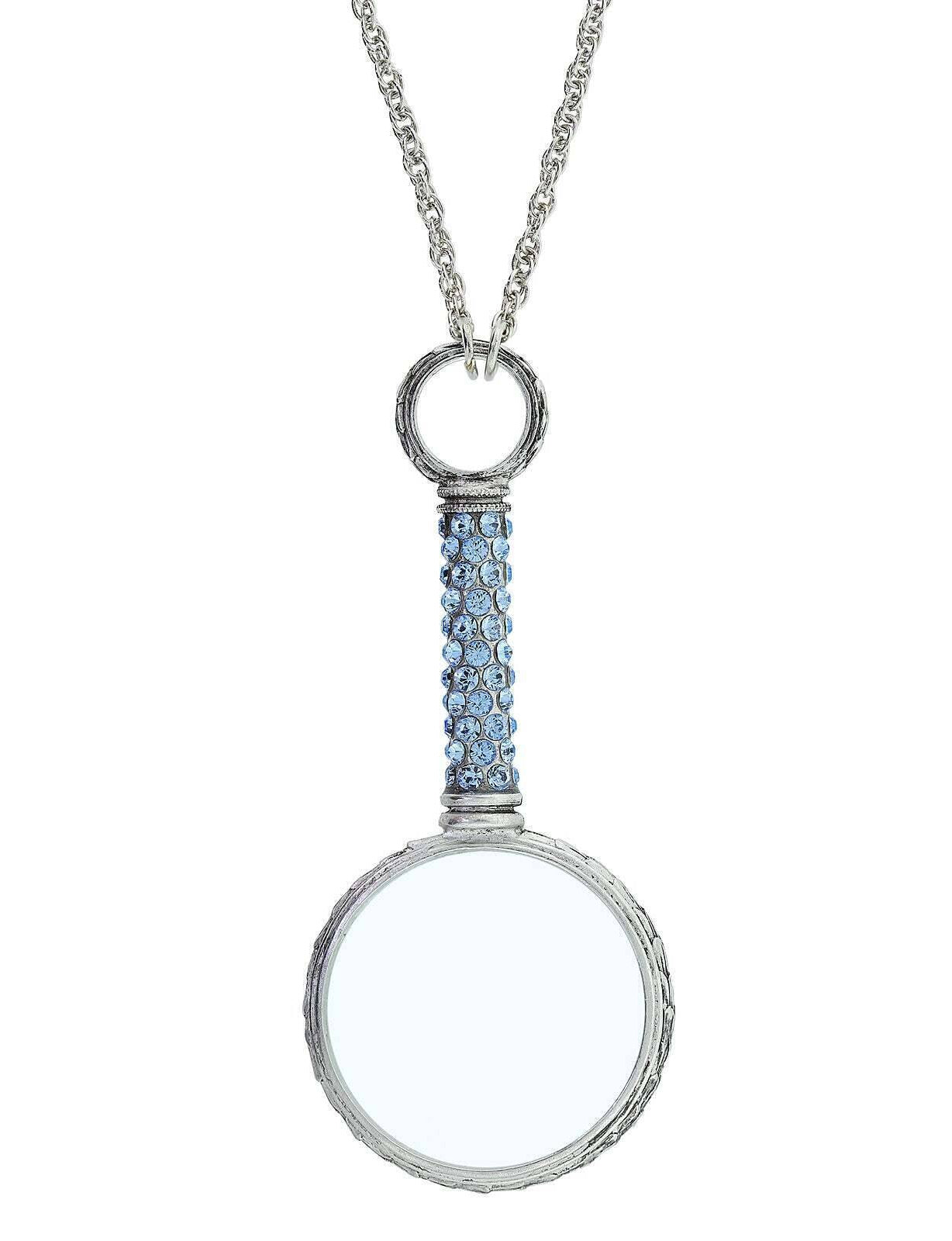 1928 Jewelry Pewter Crystal Magnifying Glass Necklace 30"- Magnification Power: 2-3X