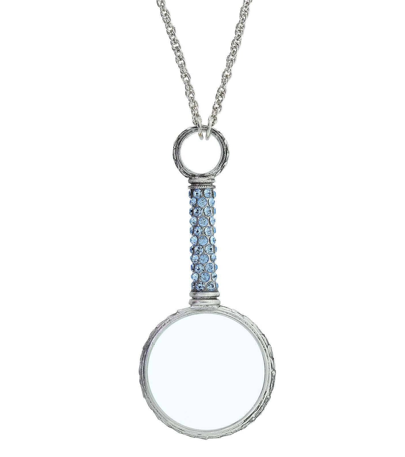 1928 Jewelry Pewter Crystal Magnifying Glass Necklace 30"- Magnification Power: 2-3X
