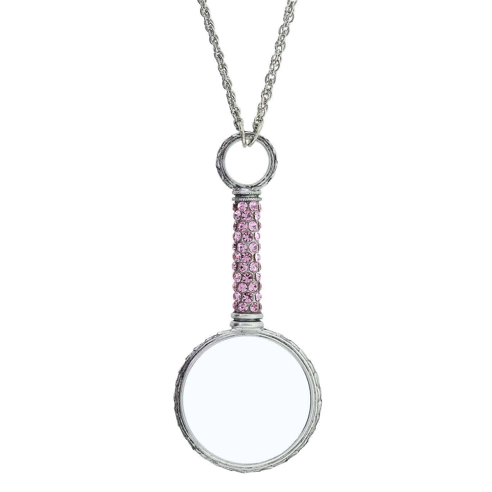 1928 Jewelry Pewter Crystal Magnifying Glass Necklace 30"- Magnification Power: 2-3X