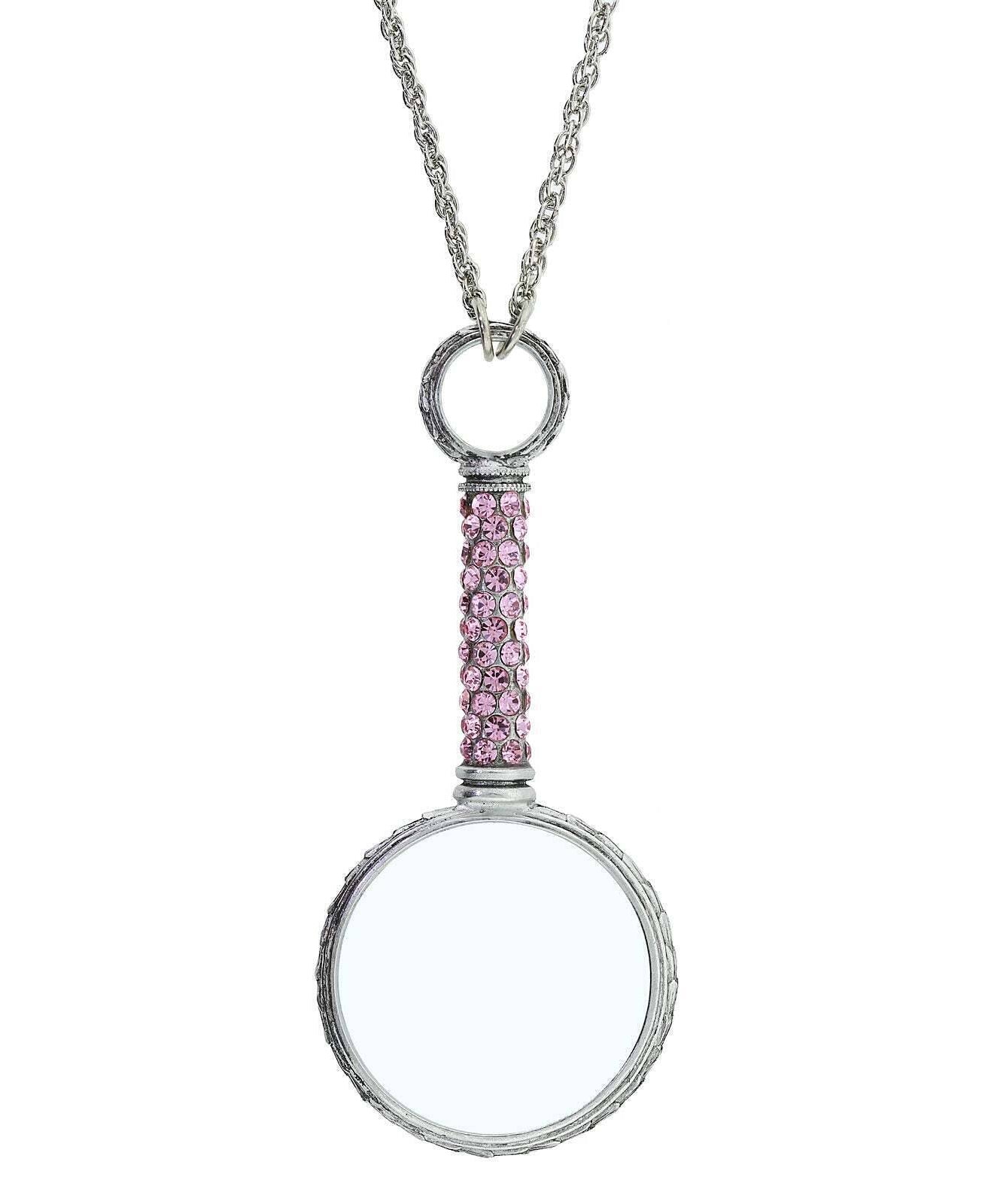 1928 Jewelry Pewter Crystal Magnifying Glass Necklace 30"- Magnification Power: 2-3X