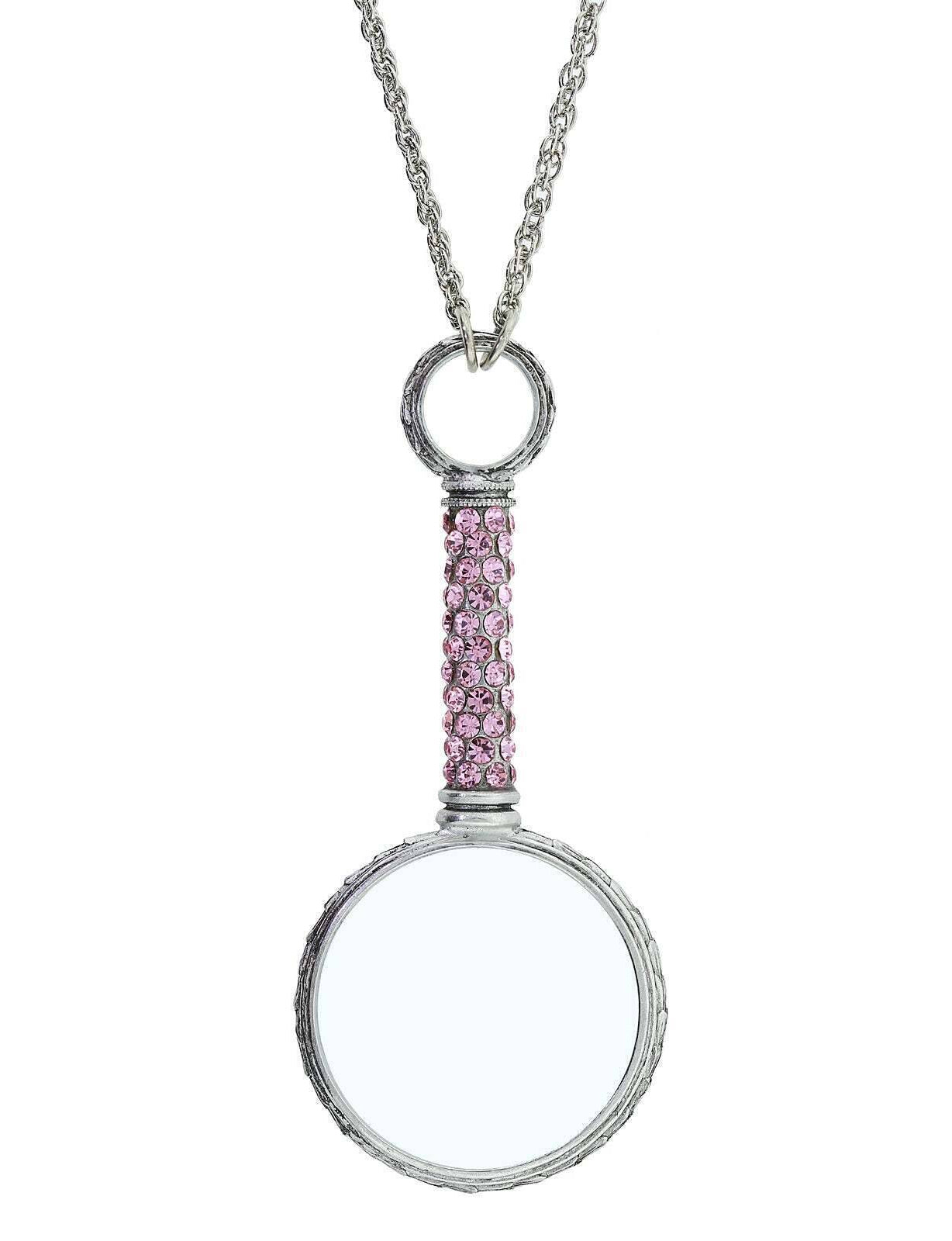 1928 Jewelry Pewter Crystal Magnifying Glass Necklace 30"- Magnification Power: 2-3X