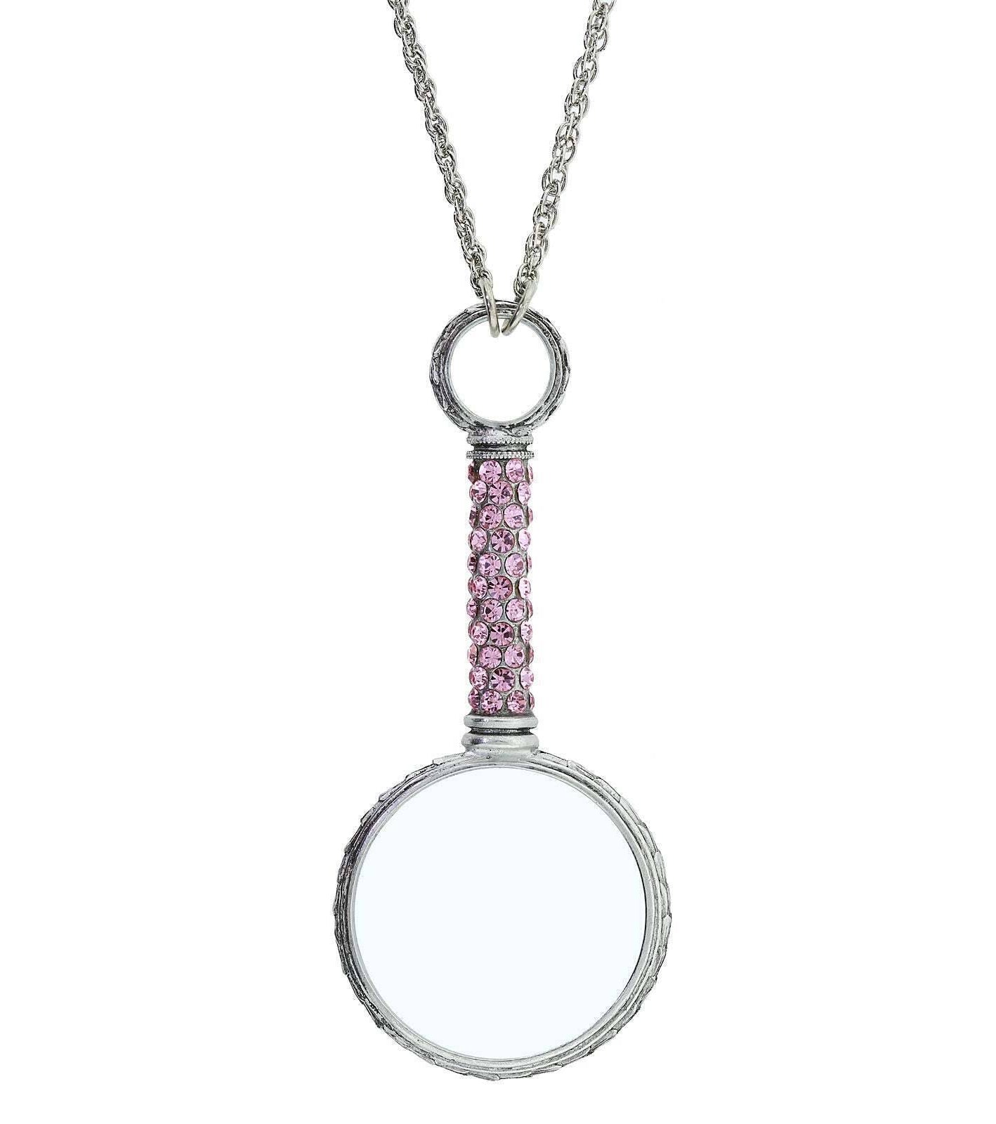 1928 Jewelry Pewter Crystal Magnifying Glass Necklace 30"- Magnification Power: 2-3X
