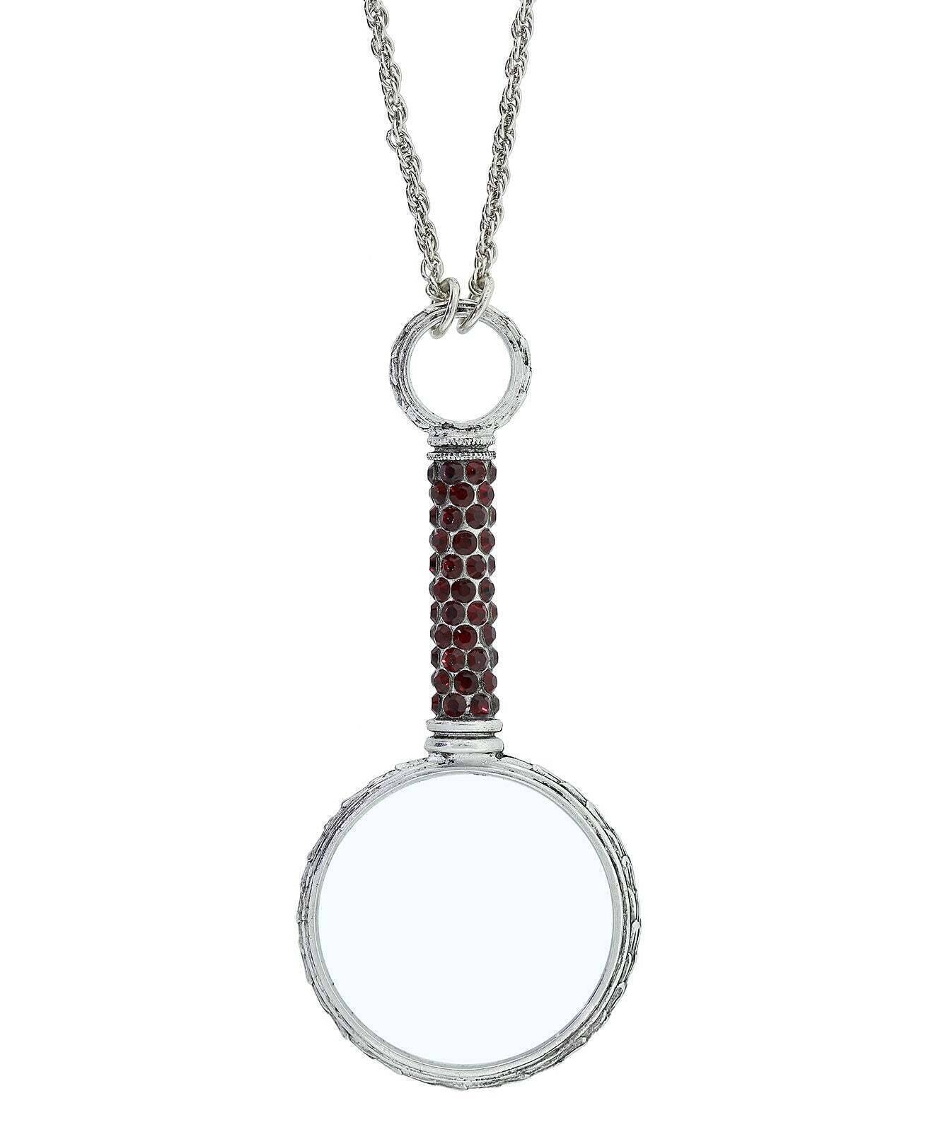 1928 Jewelry Pewter Crystal Magnifying Glass Necklace 30"- Magnification Power: 2-3X