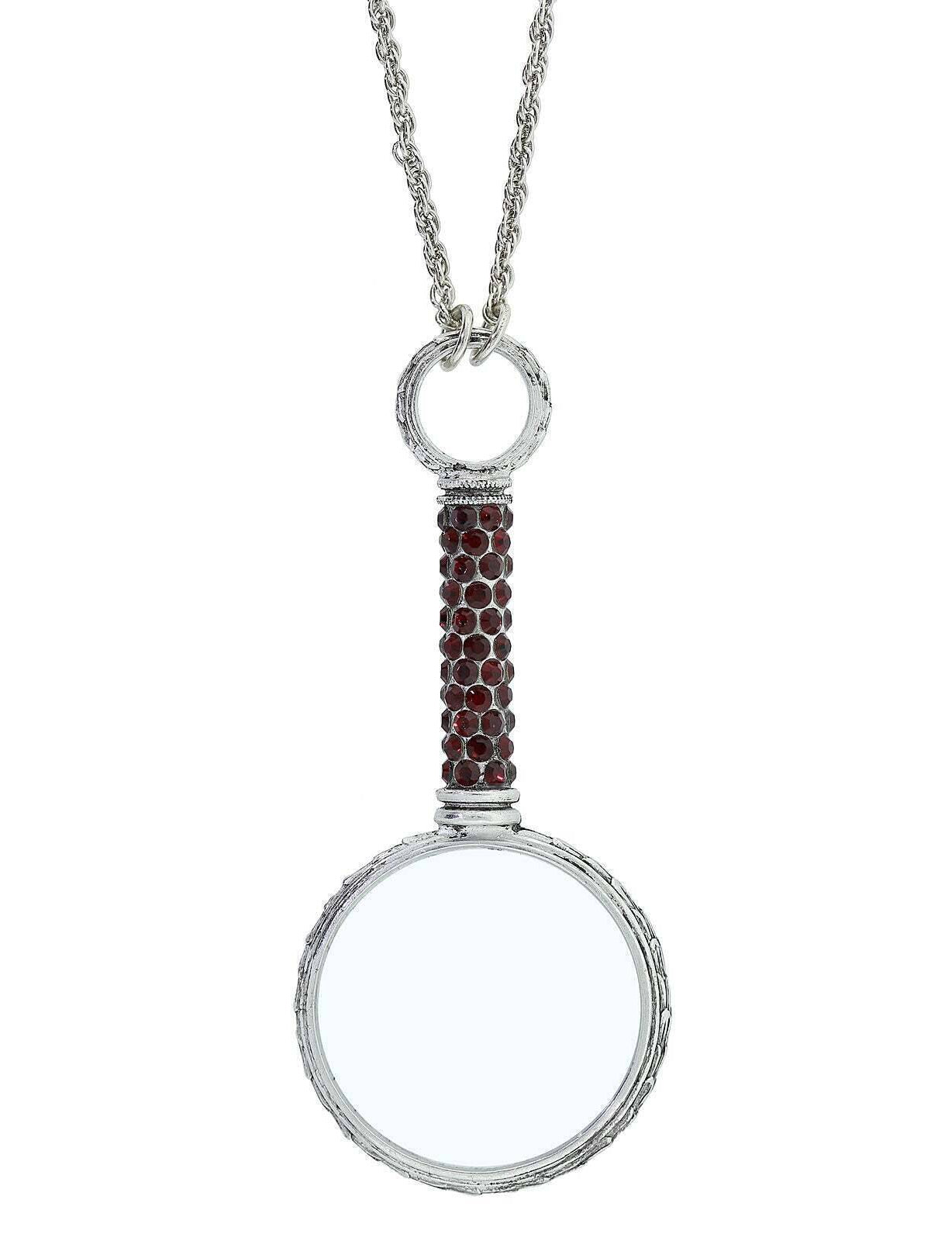 1928 Jewelry Pewter Crystal Magnifying Glass Necklace 30"- Magnification Power: 2-3X