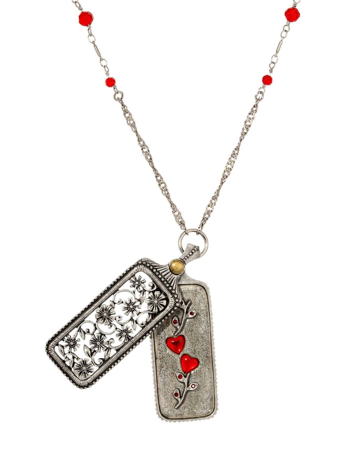 1928 Jewelry Pewter Floral Swinging Cover with Red Hearts Pendant Necklace 30"